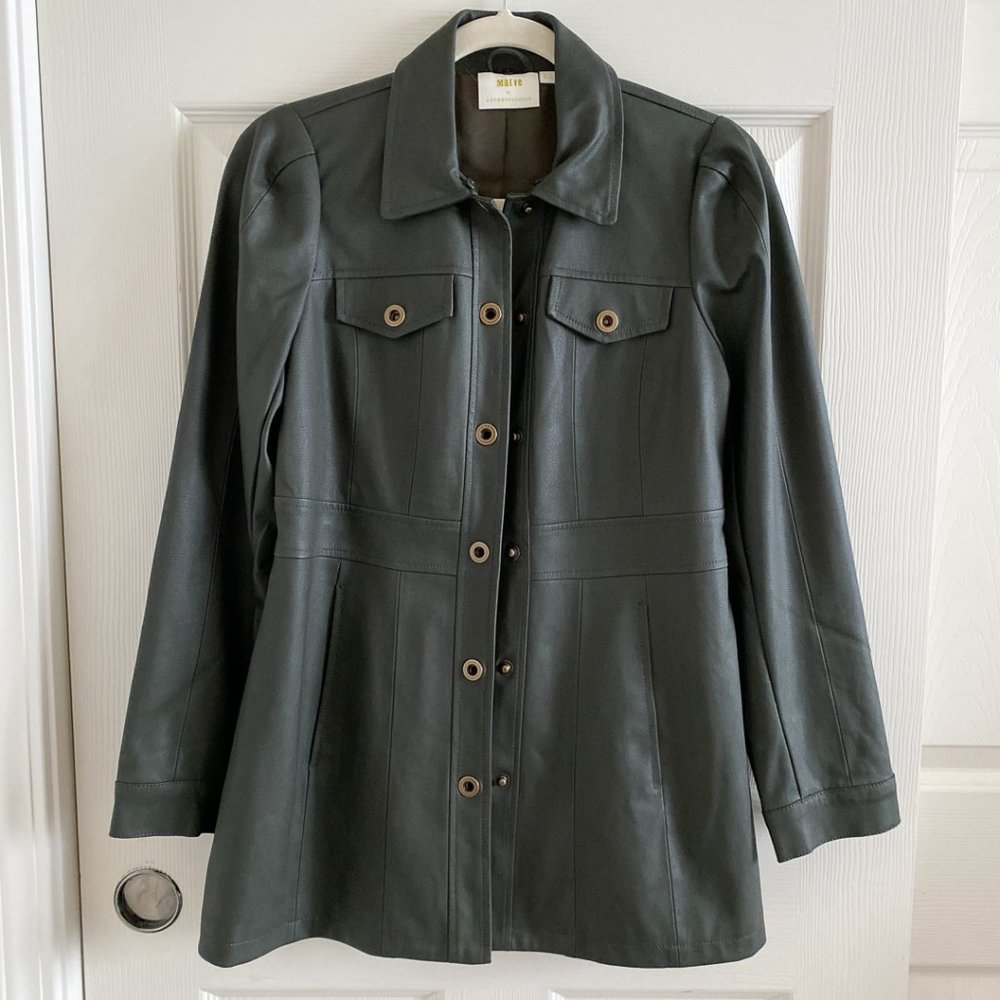 NWT 🔖 Anthropologie Green Faux Leather Jacket w/ Removable Faux Fur Collar